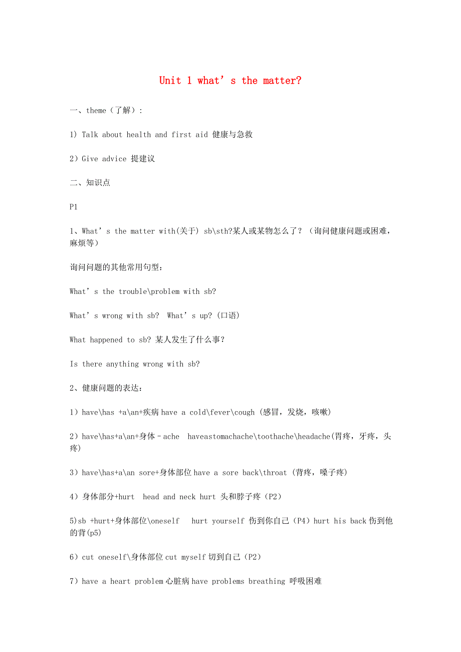 2019年八年级英语下册 Unit 1 What’s the matter知识点总结 （新版）人教新目标版.doc_第1页