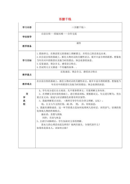 六年级下语文教学设计吾腰千钱_北师大版.doc