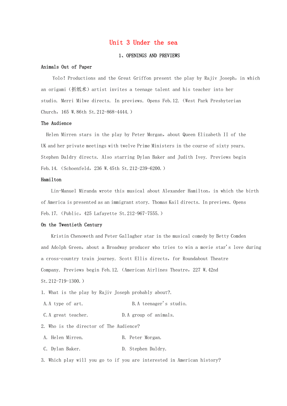 2020-2021学年高中英语 Unit 3 Under the sea单元综合课时随堂精练（含解析）新人教版选修7.doc_第1页