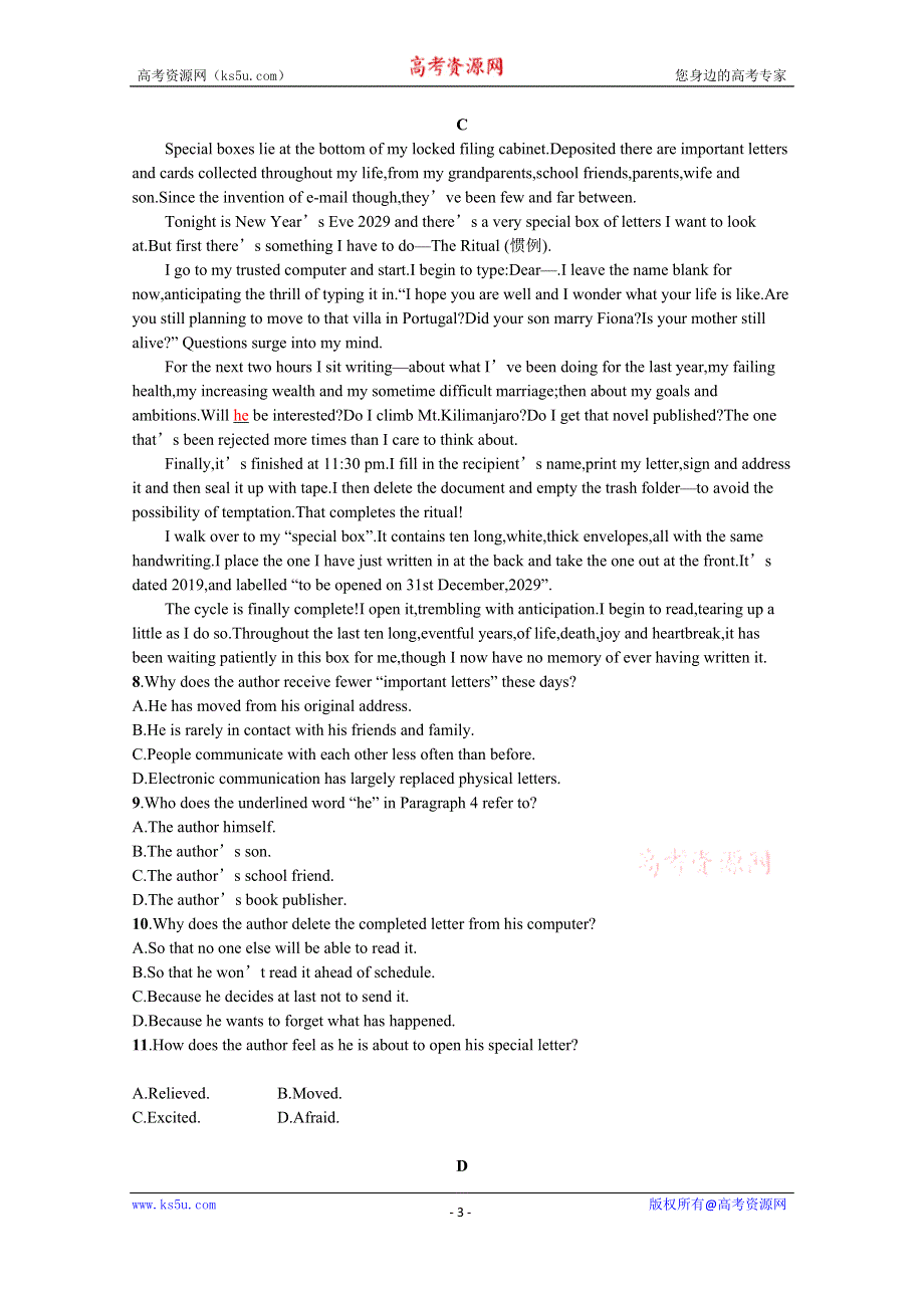 2022高三统考英语译林版一轮复习训练：模块二　UNIT 1 阅读理解题组——练速度 WORD版含解析.docx_第3页