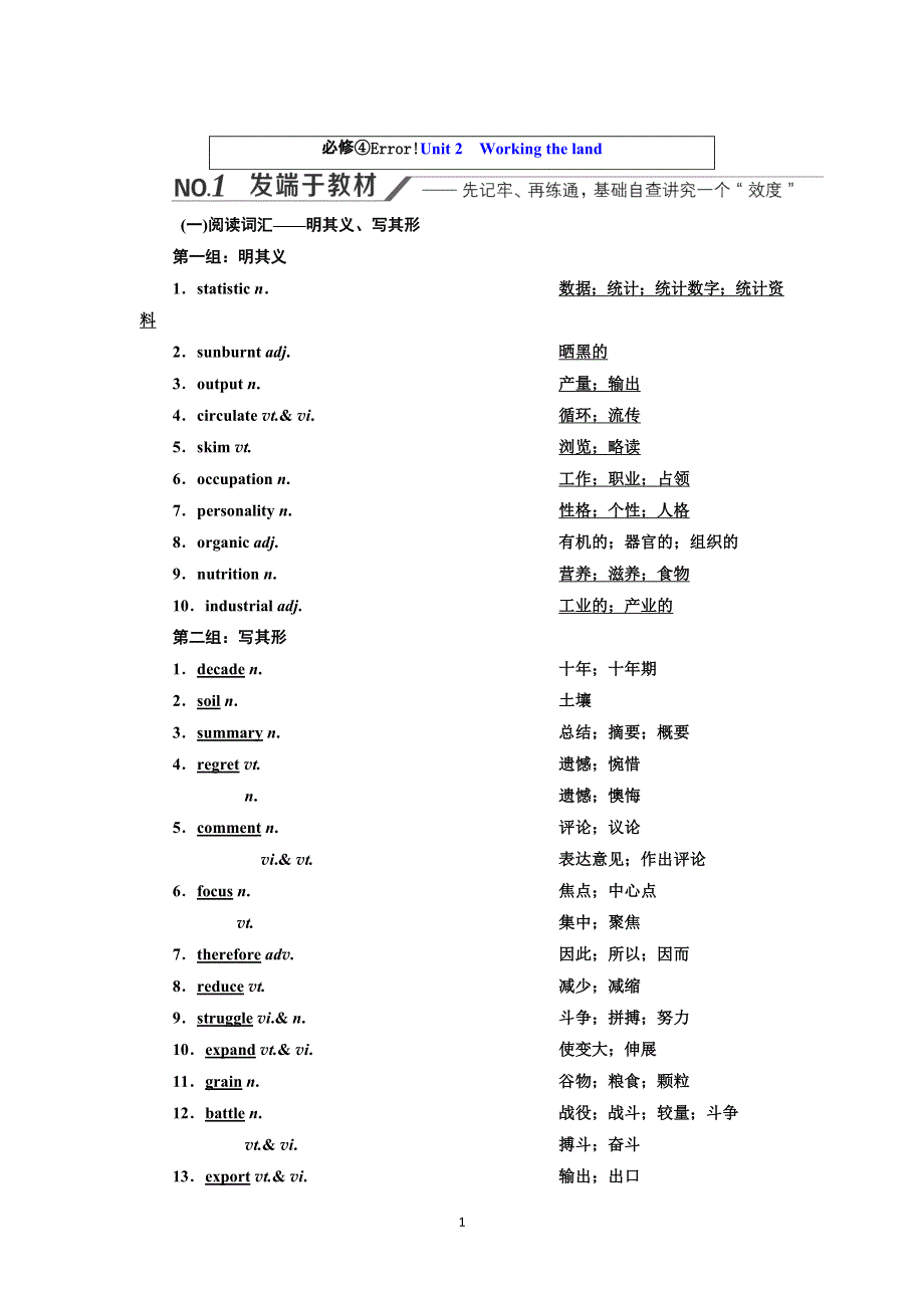 2022高考人教版英语一轮复习学案：必修④UNIT 2　WORKING THE LAND WORD版含答案.doc_第1页