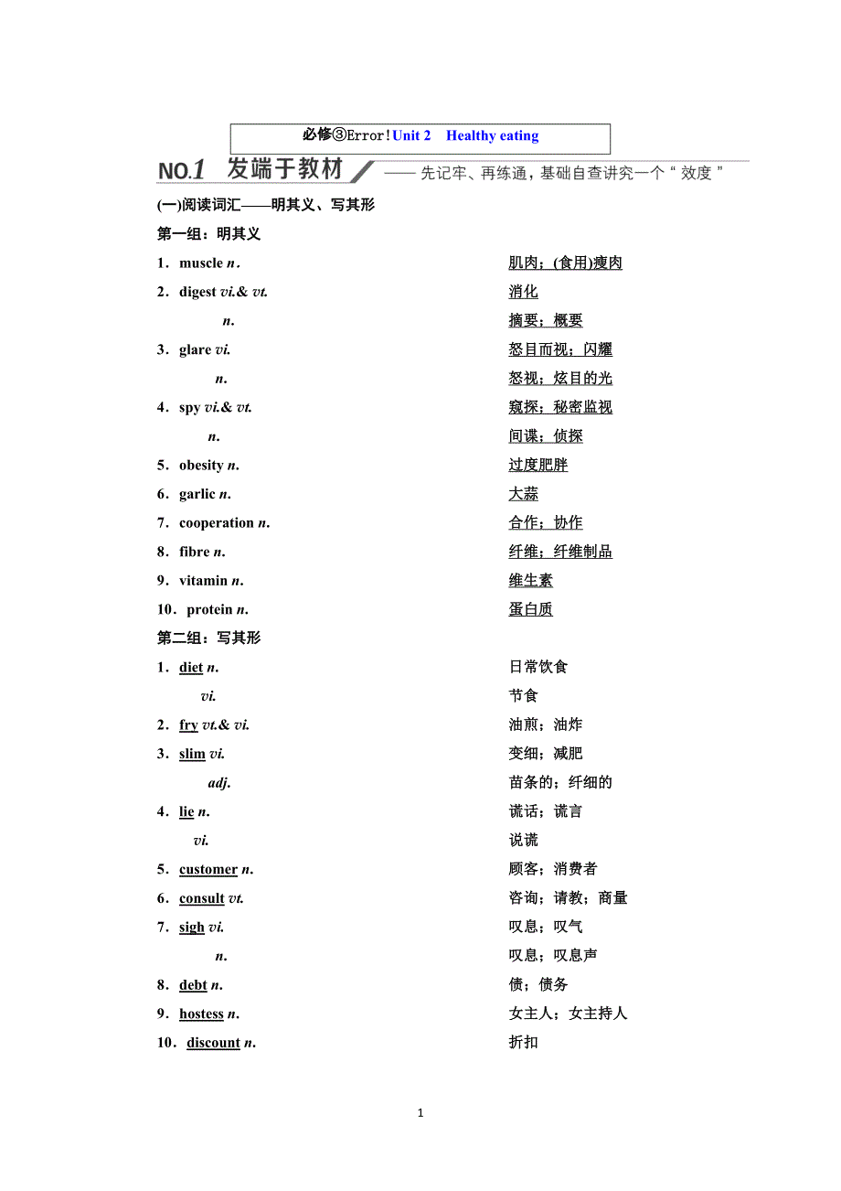 2022高考人教版英语一轮复习学案：必修③UNIT 2　HEALTHY EATING WORD版含答案.doc_第1页