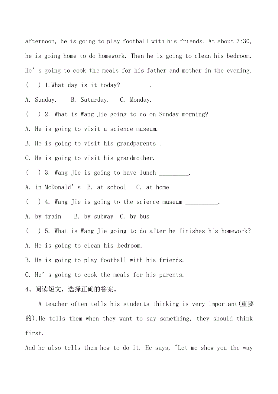 六年级上册英语期中专项训练-阅读 人教PEP（含答案）.doc_第3页