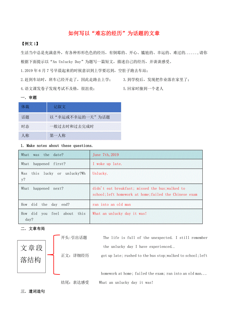 2020九年级英语全册书面表达专项突破Unit12Lifeisfulloftheunexpected如何写以“难忘的经历”为话题的文章素材新版人教新目标版20200406276.doc_第1页