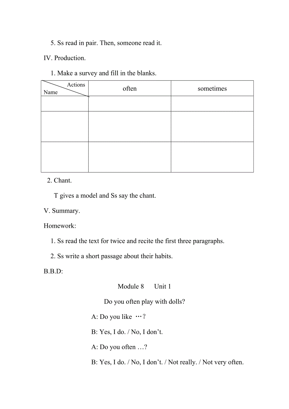 六年级上册英语教案Module 8 Unit 1 Do you often play with dolls外研社.doc_第3页