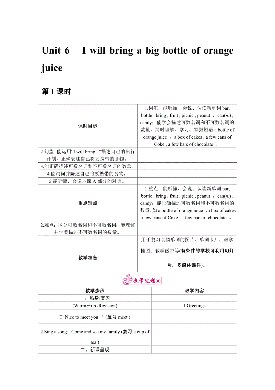 六年级上册英语教案Unit 6 I will bring a bottle of orange juice湘少版.doc_第1页