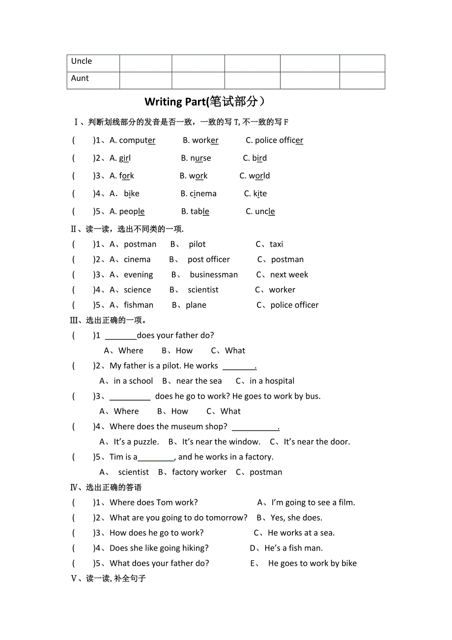 六年级上英语单元检测题Unit5 What does he do_人教PEP(无答案）.doc_第2页
