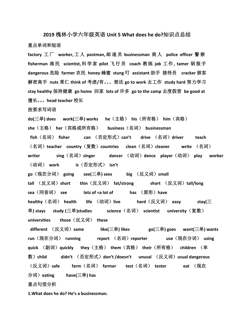 六年级上英语单元知识点小结Unit5 What does he do？_槐林小学人教pep.doc_第1页