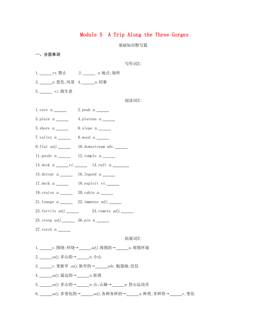 2019届高考英语外研版必修4一轮复习：第一部分教材课文要点MODULE5ATRIPALONGTHETHREEGORGES词汇训练 WORD版含答案.doc_第1页