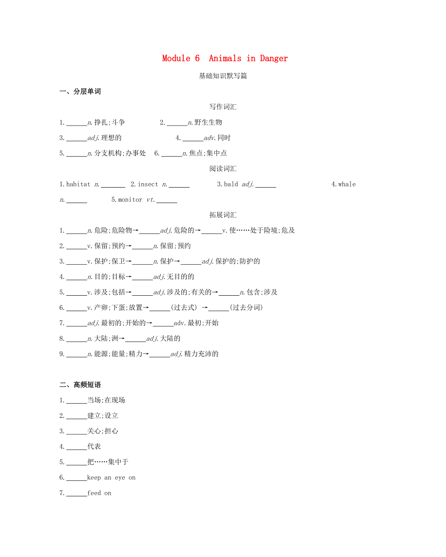 2019届高考英语外研版必修5一轮复习：第一部分教材课文要点MODULE6ANIMALSINDANGER词汇训练 WORD版含答案.doc_第1页