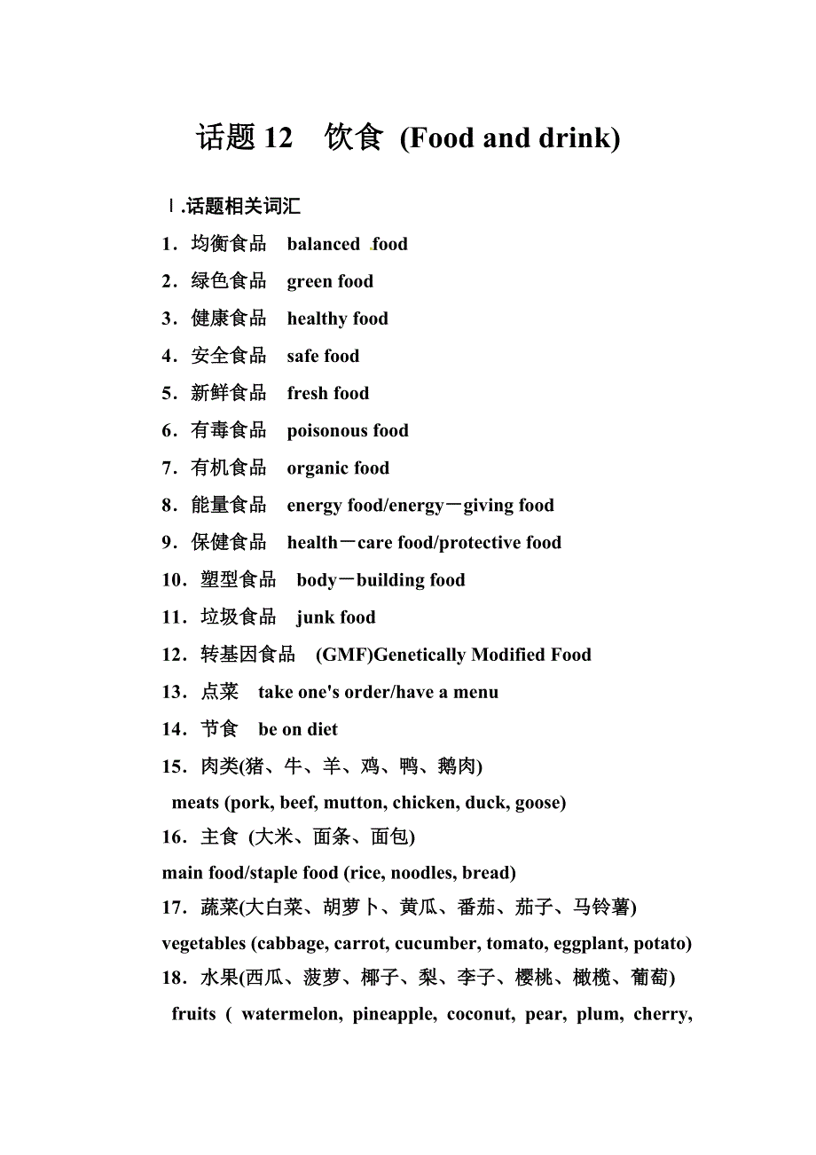 2019届高考英语总复习第一部分话题探究：话题12　饮食.doc_第1页