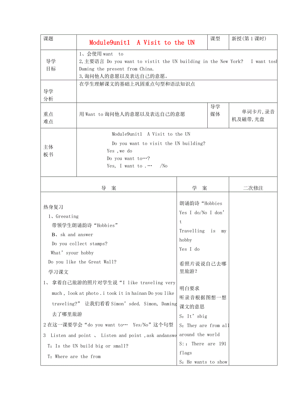 六年级上英语导学案-Module 9 Unit 1 A Visit to the UN_外研版（三起,无答案）.doc_第1页