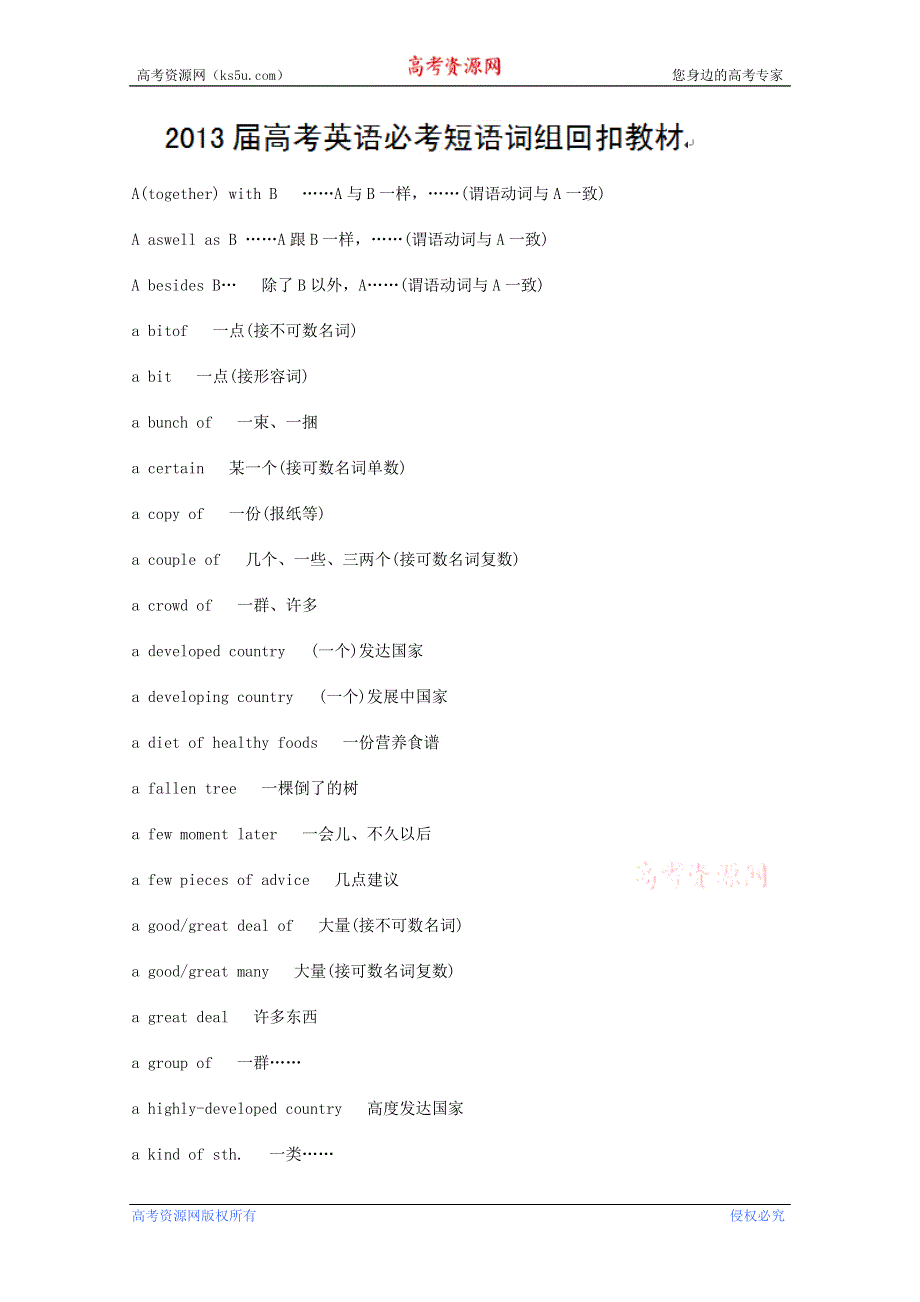 内蒙古巴市一中2013高考英语复习学案：必考短语词组回扣教材.doc_第1页
