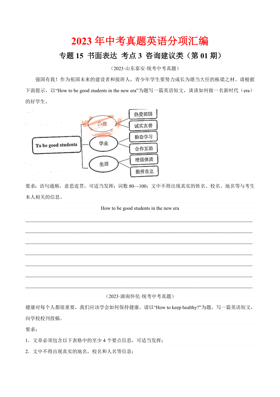 2023中考英语真题分类汇编35书面表达考点3咨询建议类(第01期)(全国通用)(原卷版).docx_第1页