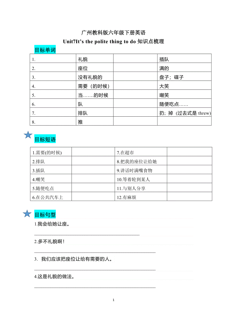 六年级下册英语知识点梳理-Unit7 It’s the polite thing to do 教科版（广州）（含答案）.doc_第1页