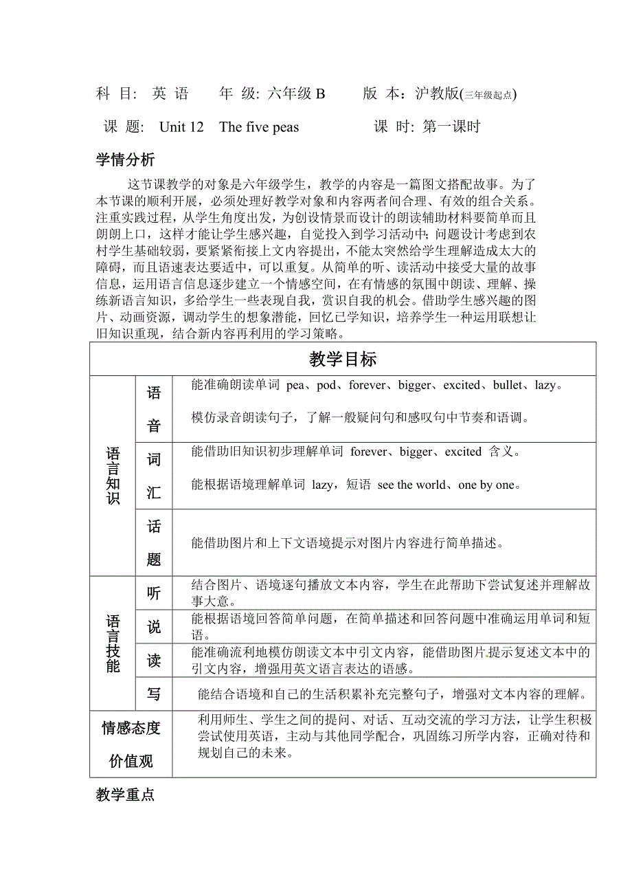 六年级下册英语教案－Module 4 Unit 12The five peas牛津上海版.doc_第1页