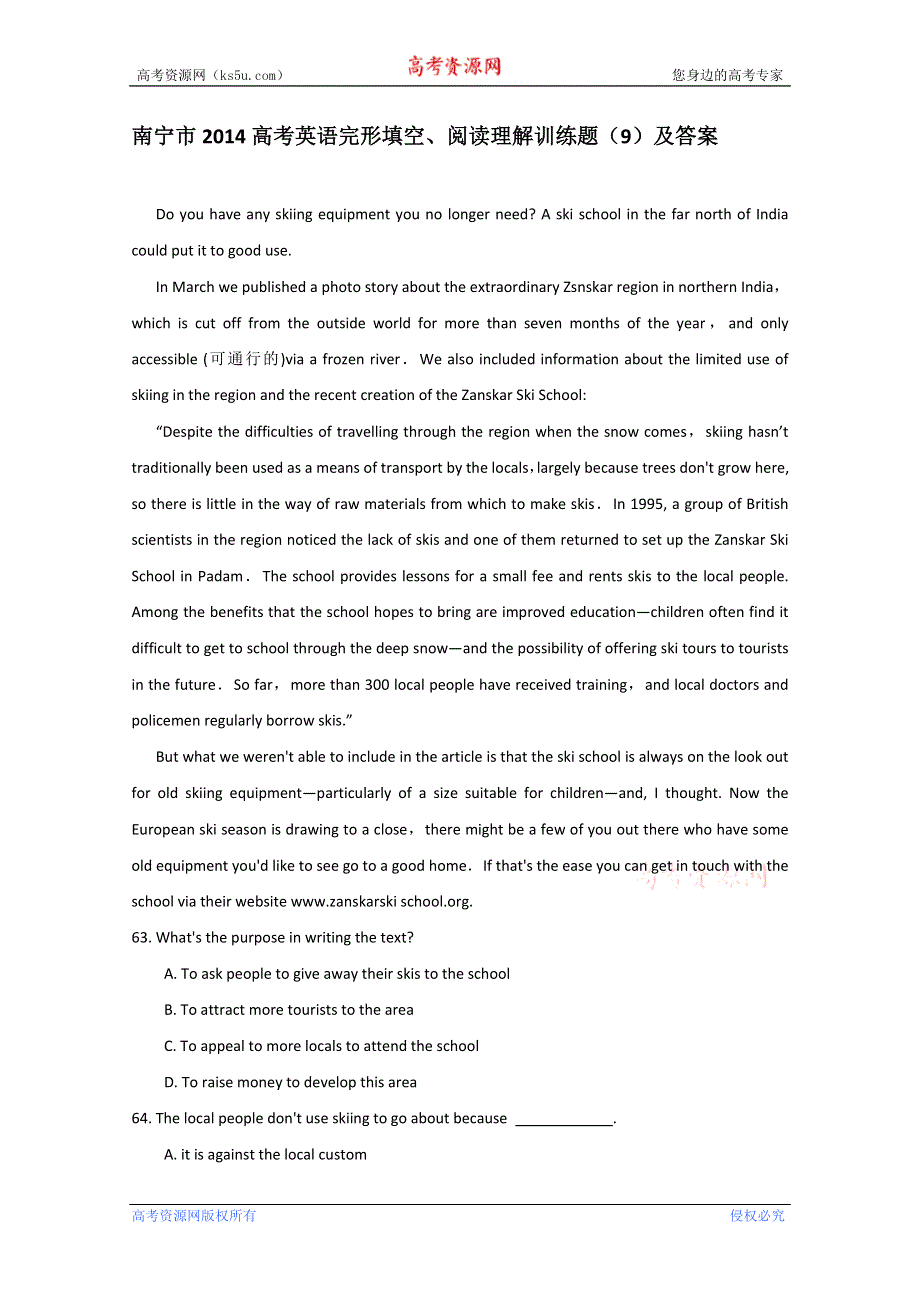 南宁市2014高考英语完形填空、阅读理解训练题（9）及答案 WORD版含解析.doc_第1页