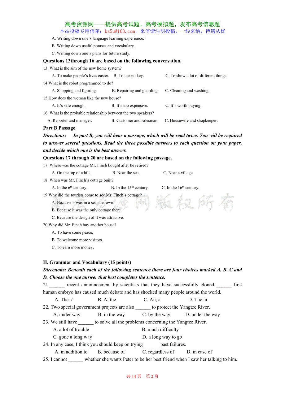 南师大附属扬子中学高二年级期中考试试卷（英语）.doc_第2页