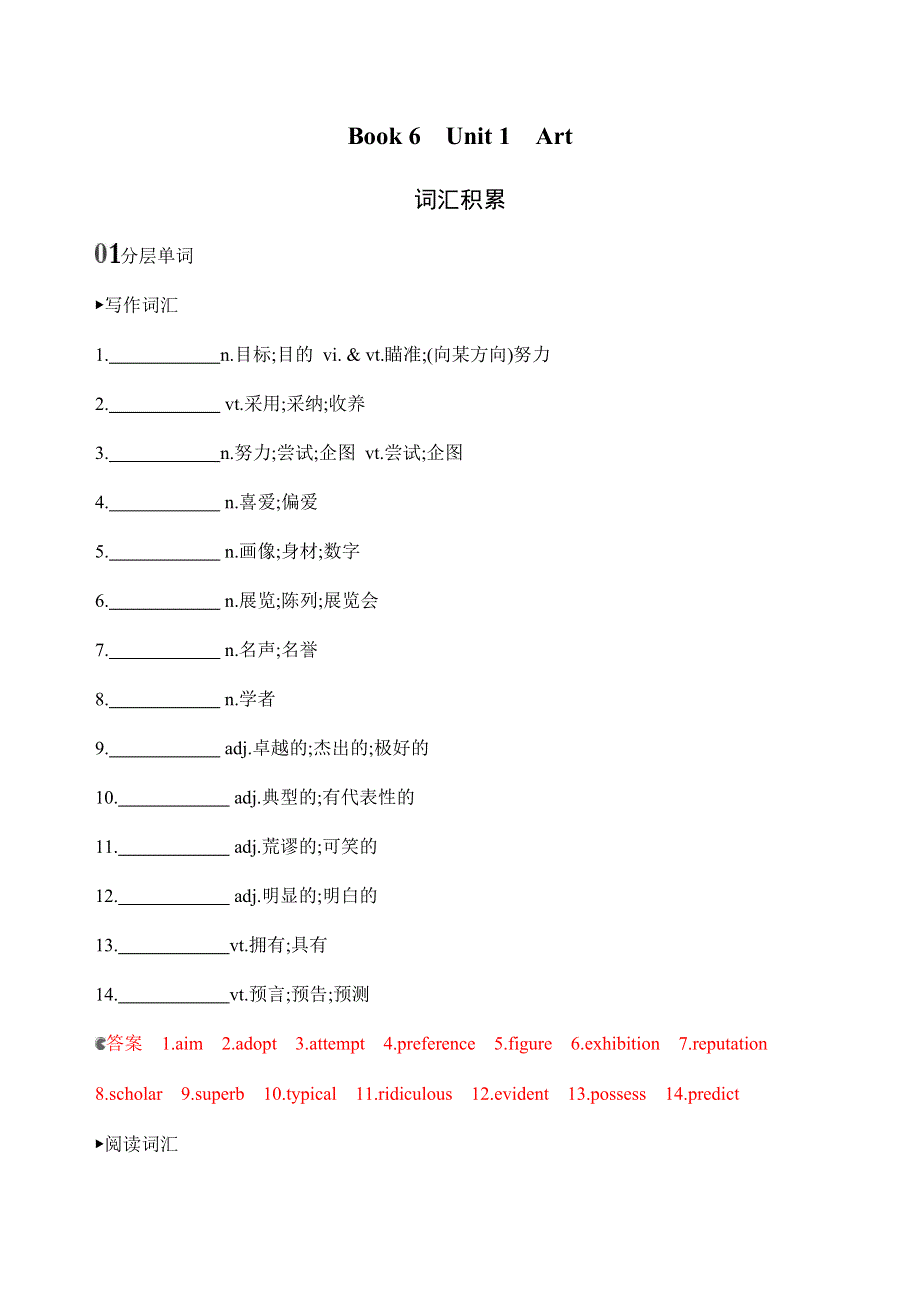 2020版新攻略高考英语课标人教版总复习练习：BOOK 6　UNIT 1　ART词汇积累 WORD版含解析.docx_第1页