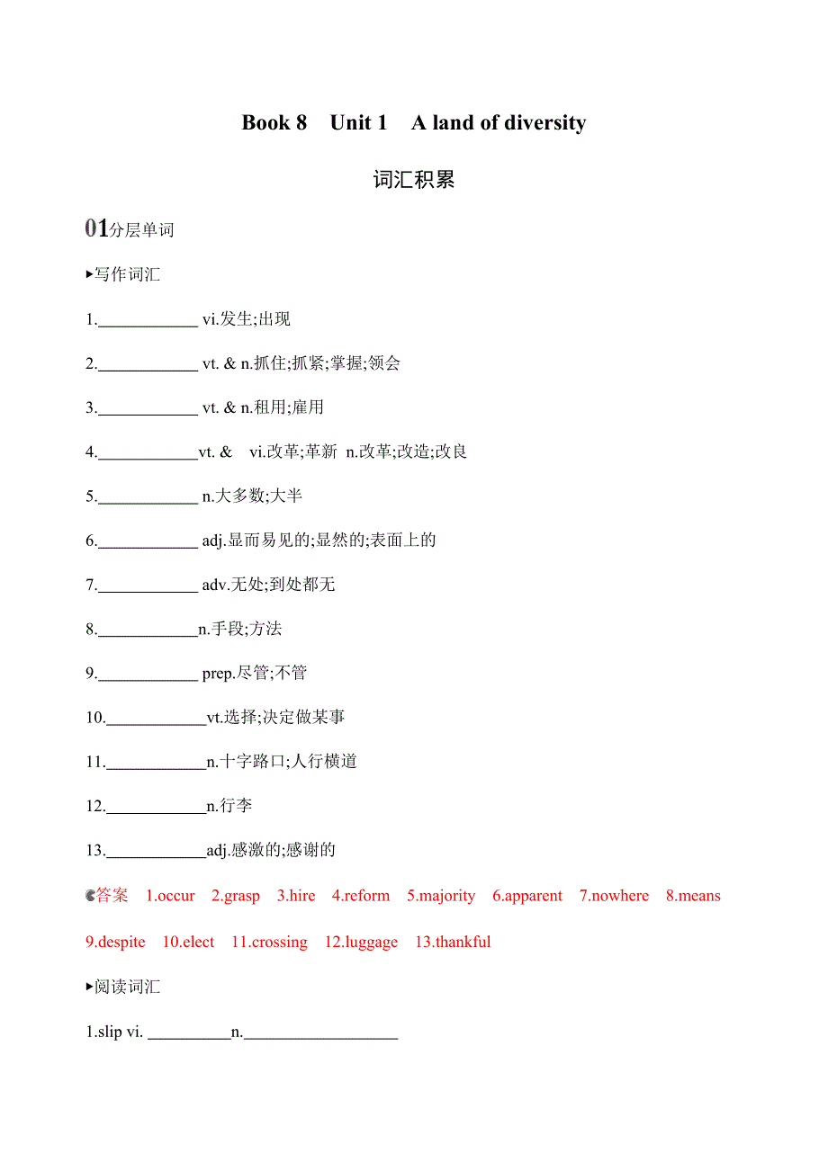 2020版新攻略高考英语课标人教版总复习练习：BOOK 8　UNIT 1　A LAND OF DIVERSITY词汇积累 WORD版含解析.docx_第1页