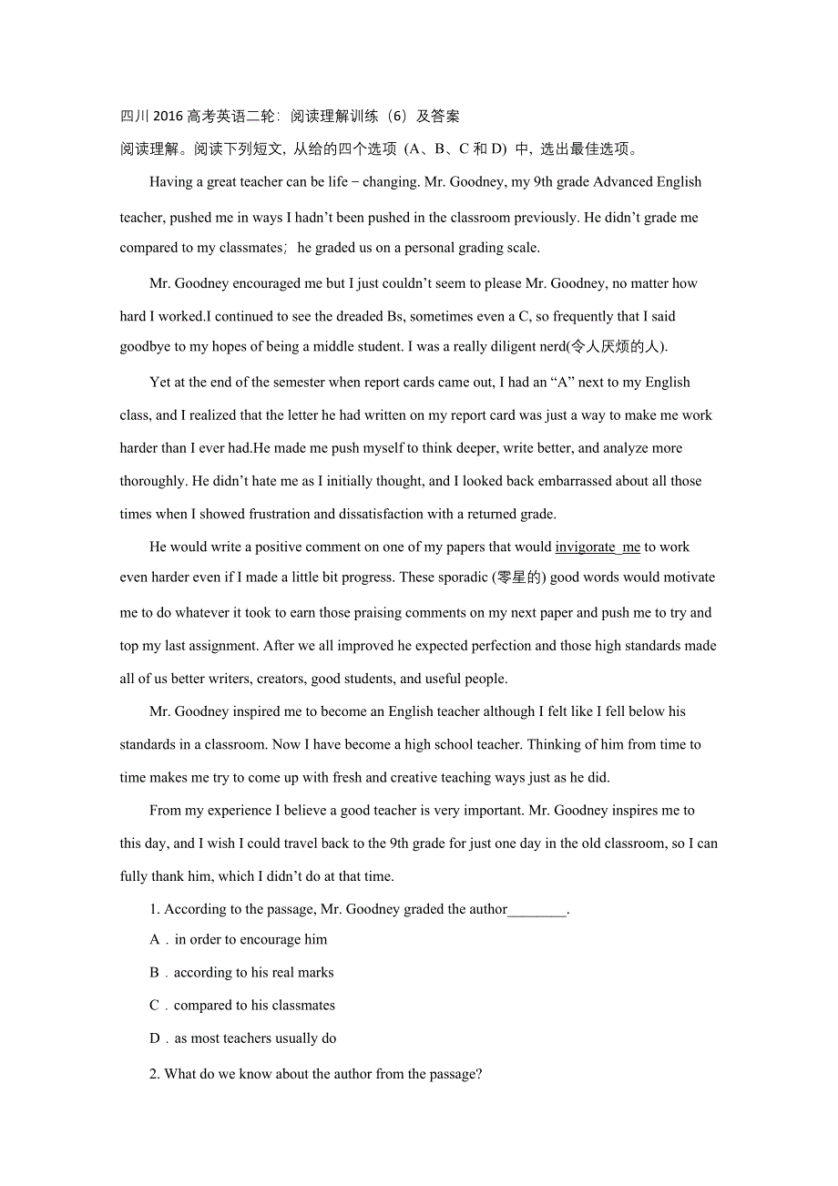 四川2016高考英语二轮：阅读理解训练（6）及答案.doc_第1页