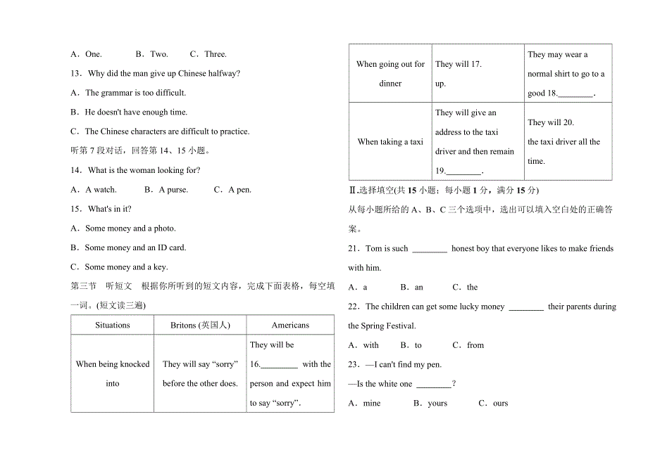 2019年福建省初中毕业和高中阶段学校招生考试 九年级英语阶段检测卷.doc_第2页