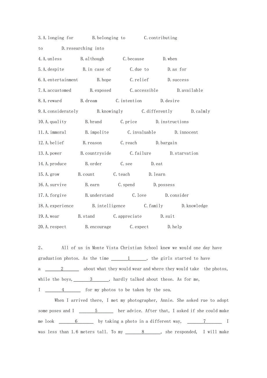 2020届高考英语一轮复习完形填空专题集训---故事类（二） WORD版含解析.doc_第2页