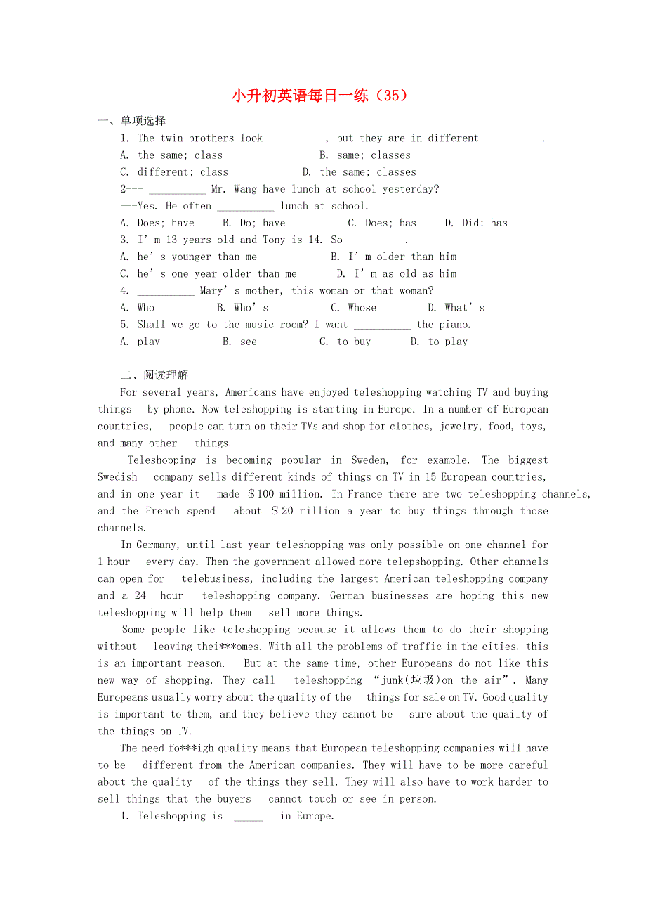 六年级英语 小升初每日一练（35）（无答案） 闽教版.doc_第1页