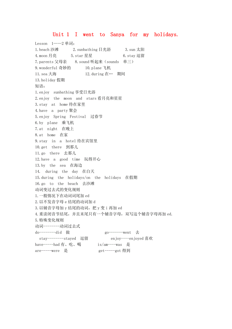 六年级英语下册 Unit 1 I went to Sanya for my holidays知识点 人教精通版（三起）.doc_第1页