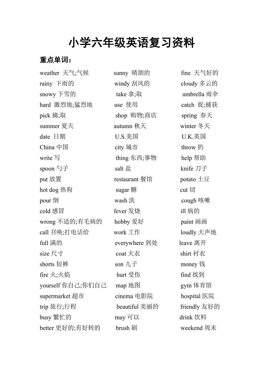 六年级英语复习：重点单词、短语、句子汇总.doc_第1页