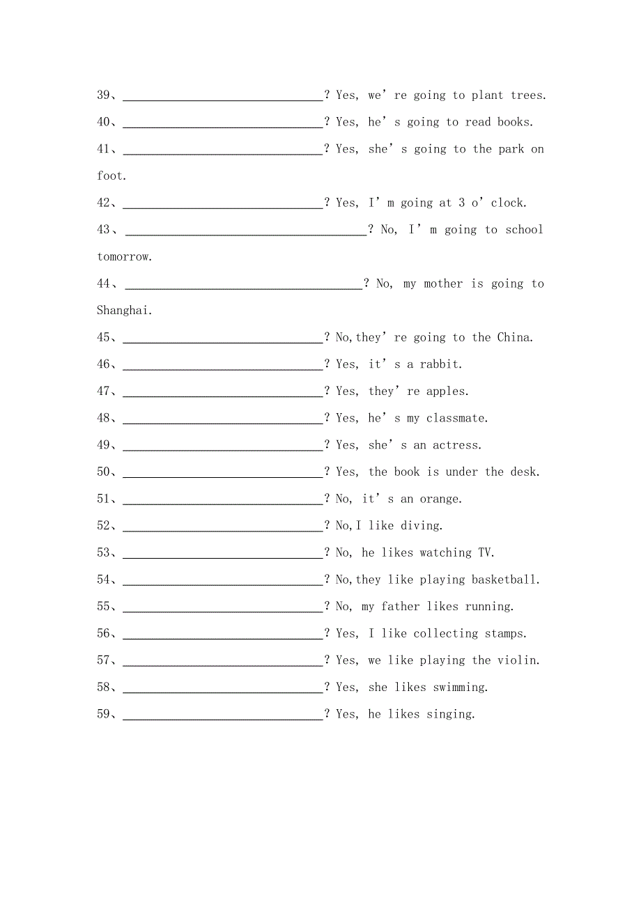 六年级英语：分类复习——根据答句写问句训练题.doc_第3页