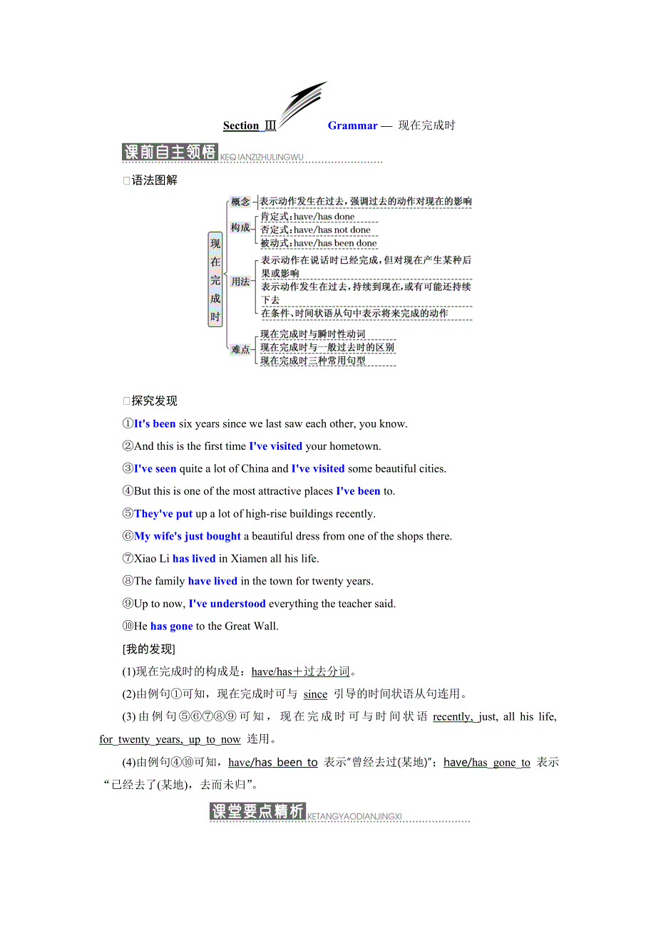 2019年英语新同步外研必修一讲义：MODULE 4 SECTION Ⅲ GRAMMAR — 现在完成时 WORD版含答案.doc_第1页