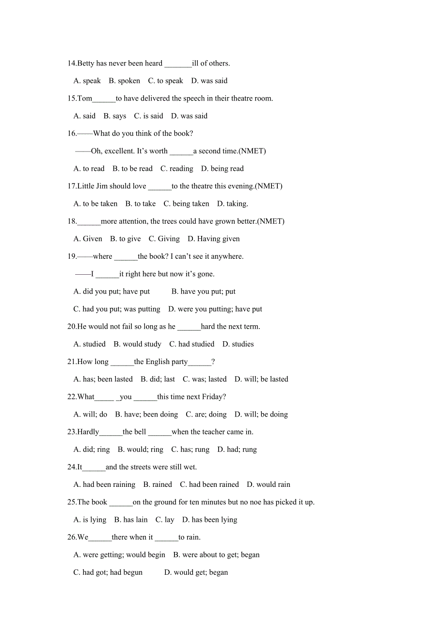 2020届高考英语二轮专题复习之动词时态、语态专练 WORD版含答案.doc_第2页