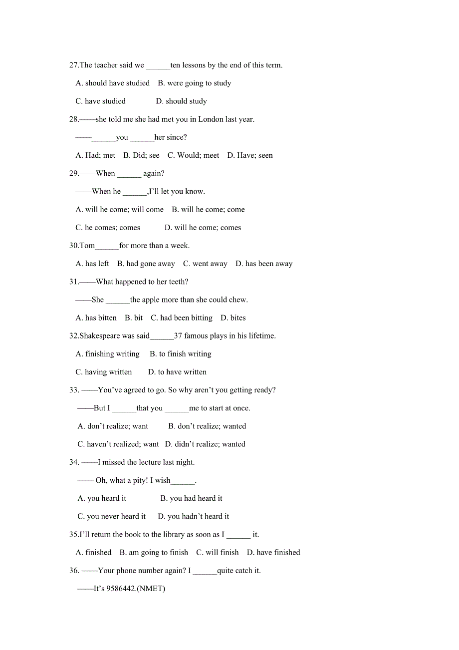 2020届高考英语二轮专题复习之动词时态、语态专练 WORD版含答案.doc_第3页