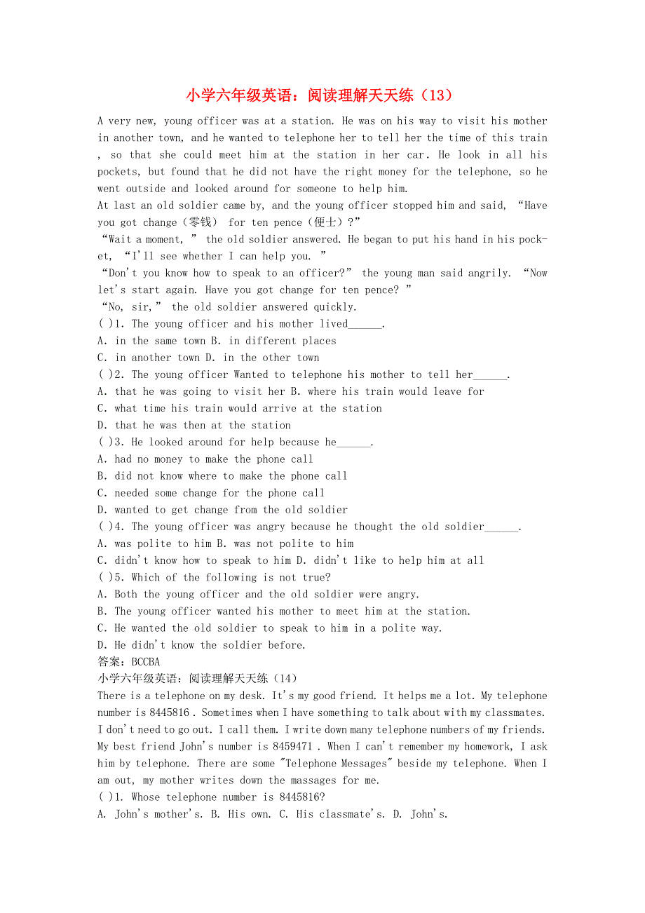 六年级英语 阅读理解天天练13-14.doc_第1页