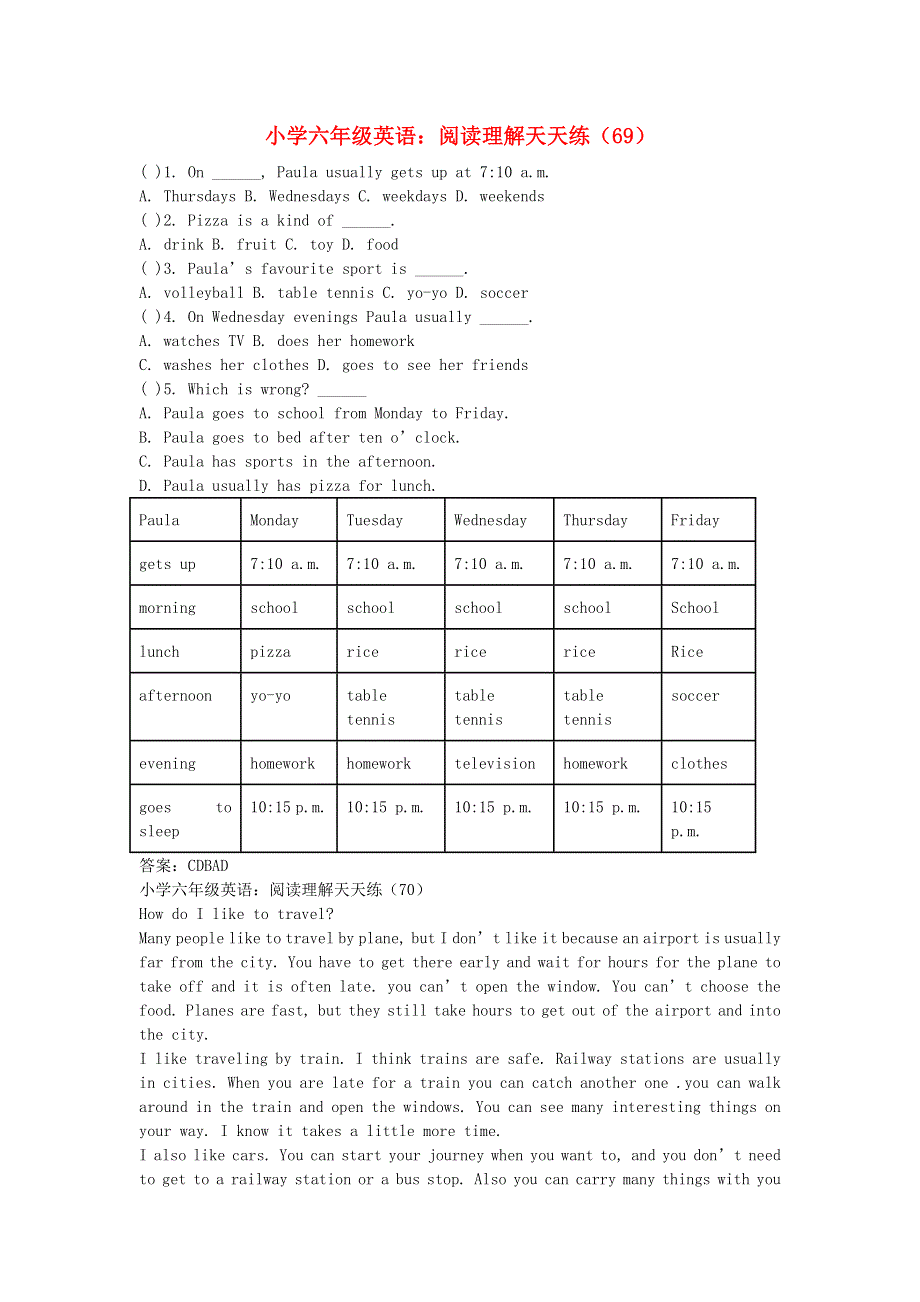 六年级英语 阅读理解天天练69-70.doc_第1页