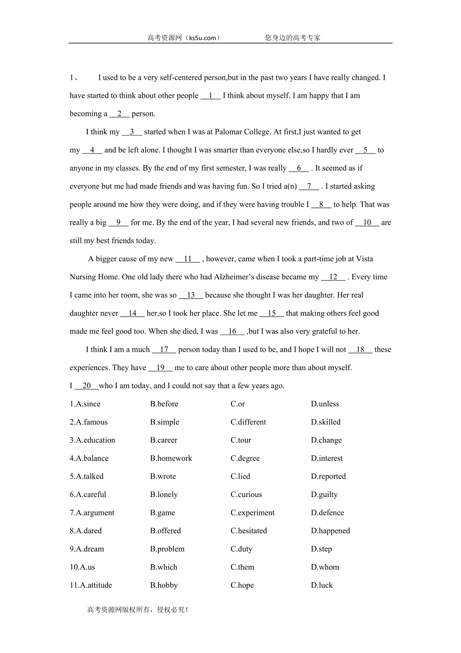 2020届高考英语二轮复习题型专练：完形填空（人生感悟类） WORD版含答案.doc_第1页