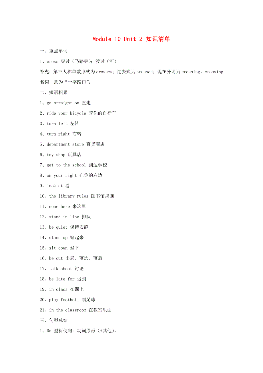 六年级英语上册 Module 10 Unit 2 Go straight on知识清单 外研版（三起）.doc_第1页