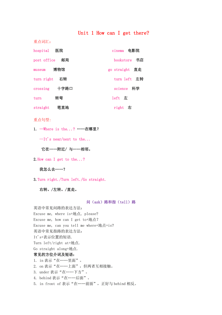 六年级英语上册 Unit 1 How can I get there重点知识梳理 人教PEP版.doc_第1页
