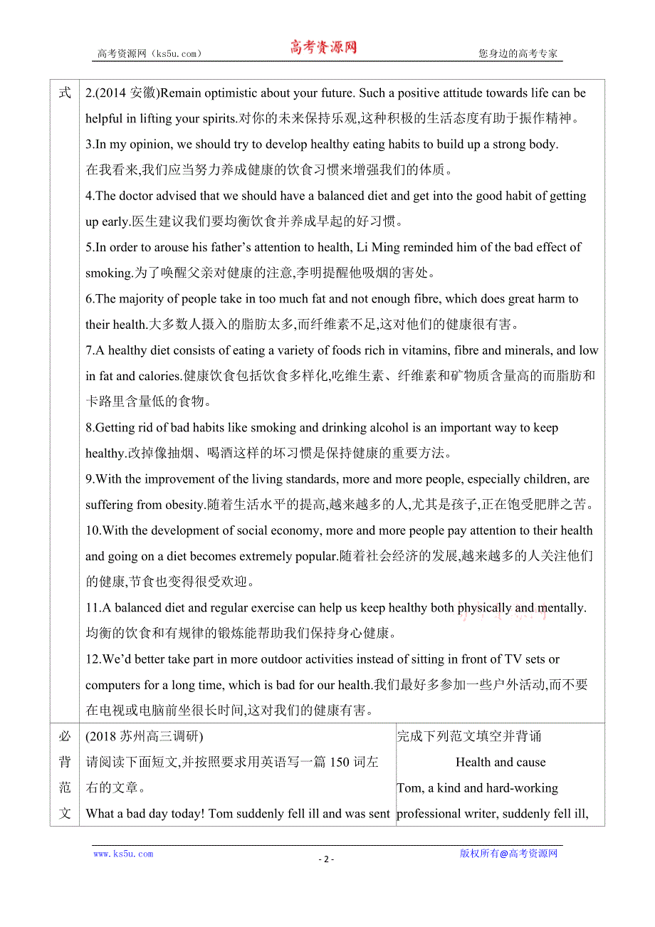 2020届高考英语江苏版二轮习题：第一篇 考前20天 三、饮食与健康 .docx_第2页