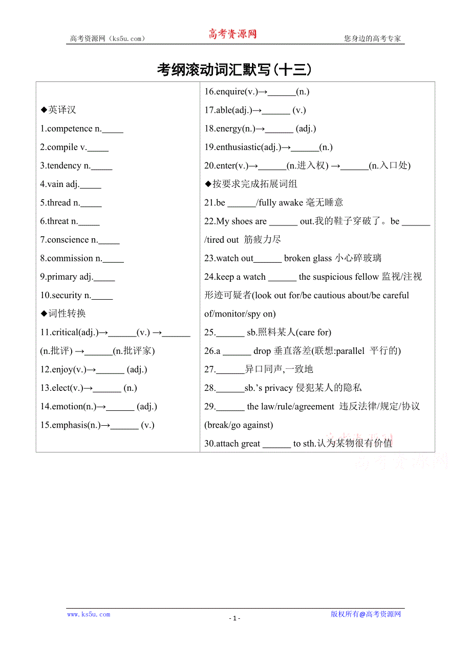 2020届高考英语江苏版二轮习题：第二篇 考前20天 考纲滚动词汇默写（十三） WORD版含解析.docx_第1页