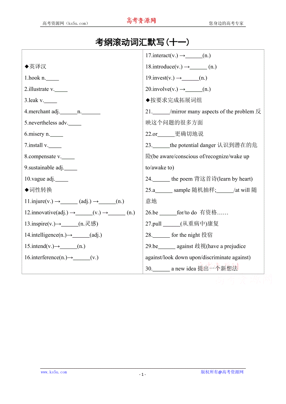 2020届高考英语江苏版二轮习题：第二篇 考前20天 考纲滚动词汇默写（十一） WORD版含解析.docx_第1页