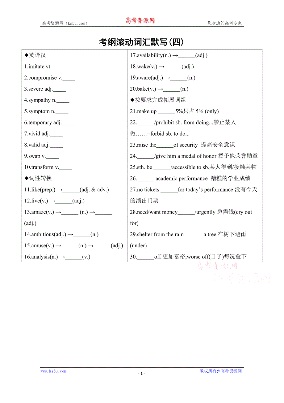 2020届高考英语江苏版二轮习题：第二篇 考前20天 考纲滚动词汇默写（四） WORD版含解析.docx_第1页