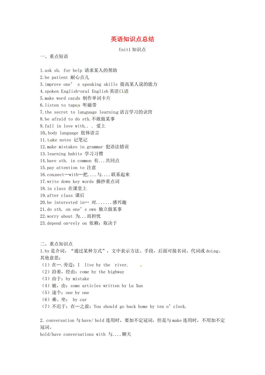 2020年九年级英语上学期暑期预习知识点总结.doc_第1页