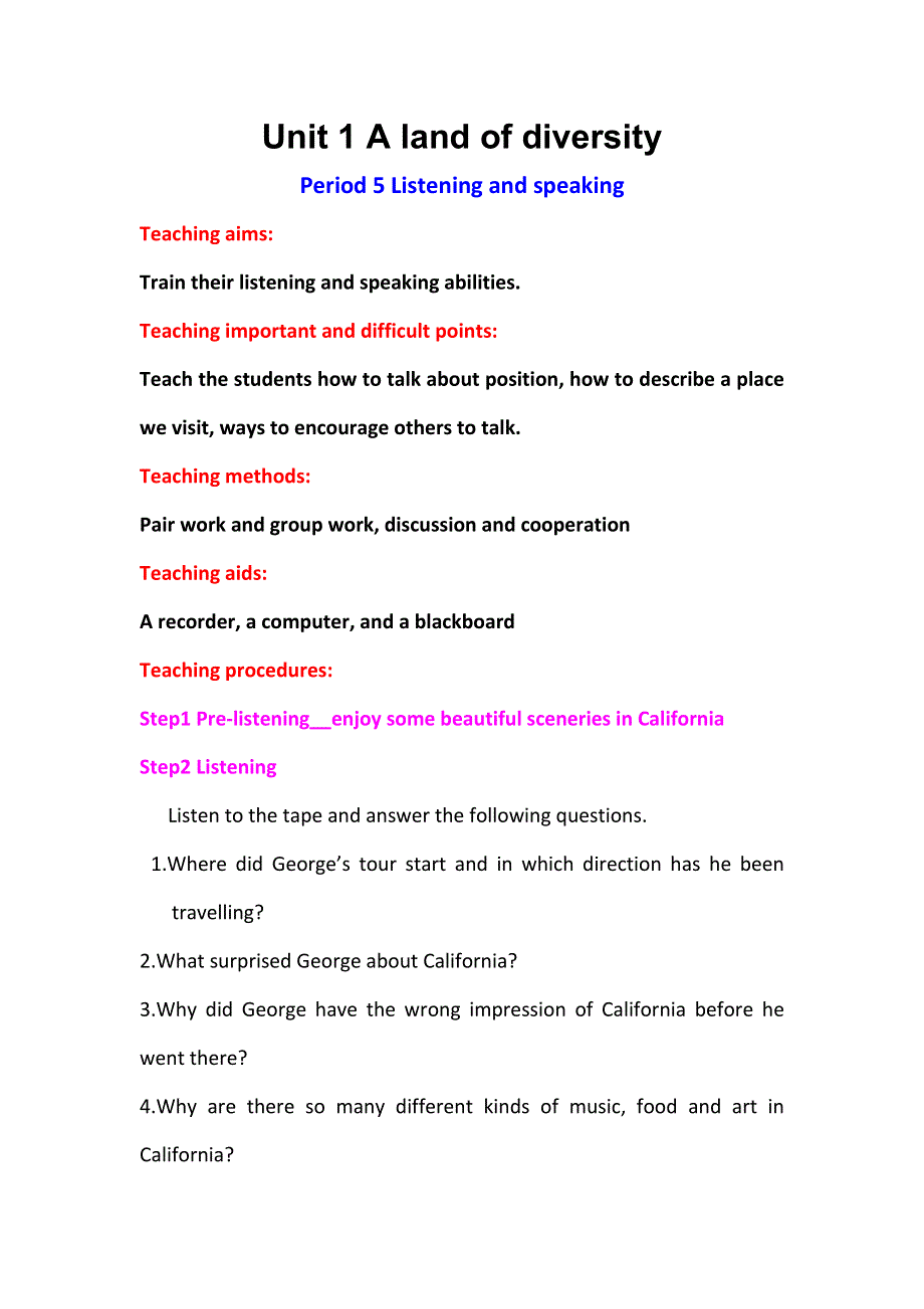 2019春人教新课标高二英语选修八教案：UNIT1 A LAND OF DIVERSITY LISTENING AND SPEAKING .doc_第1页