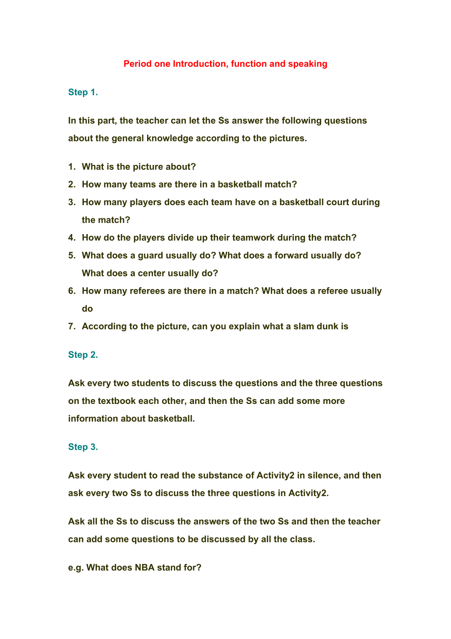 2019春外研版高二英语选修七教案：MODULE 1 BASKETBALL PERIOD ONE INTRODUCTION FUNCTION AND SPEAKING .doc_第1页