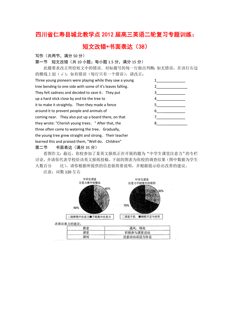 四川省仁寿县城北教学点2012届高三英语二轮复习专题训练：短文改错 书面表达（38）.doc_第1页
