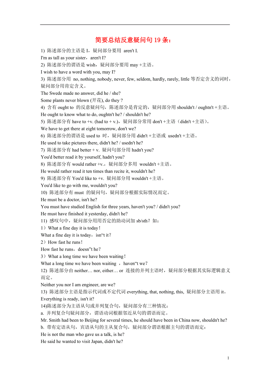 八年级英语下册 简要总结反意疑问句19条 牛津版.docx_第1页