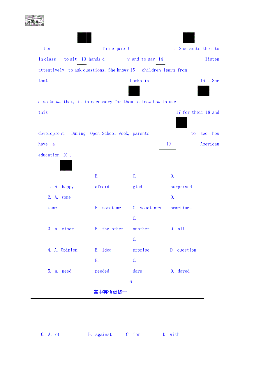 内蒙古集宁一中2018-2019学年高一上学期跟踪训练英语练习题（2018-9-27） WORD版缺答案.doc_第3页
