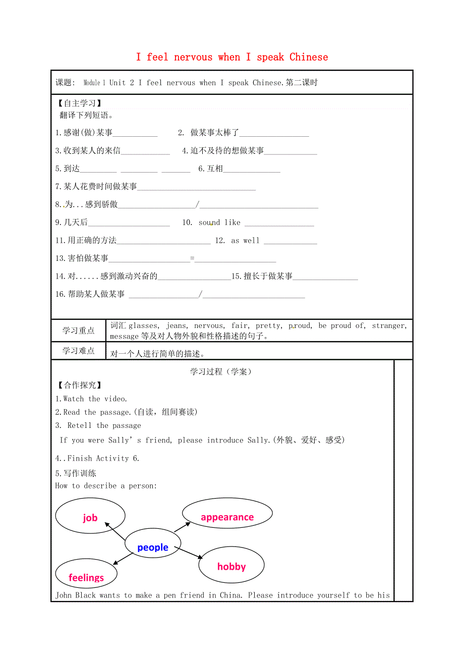 内蒙古鄂尔多斯市达拉特旗八年级英语下册Module1FeelingsandimpressionsUnit2IfeelnervouswhenIspeakChinese第2课时导学案无答案新版外研版20180827180.doc_第1页
